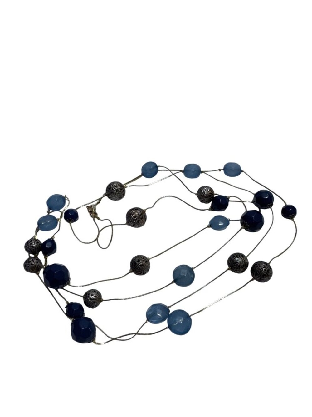 Blue Layered Beaded Necklace Single Strand Lightweight Silver Tone Mesh Beads